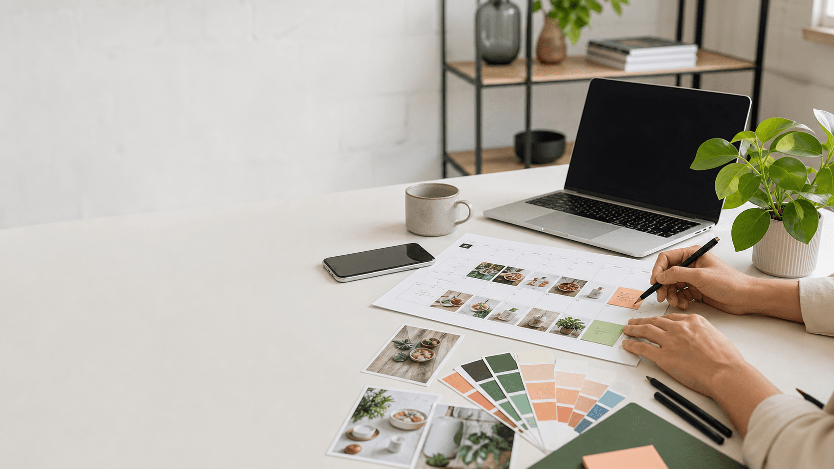 Criadora de conteúdo planejando um calendário para redes sociais